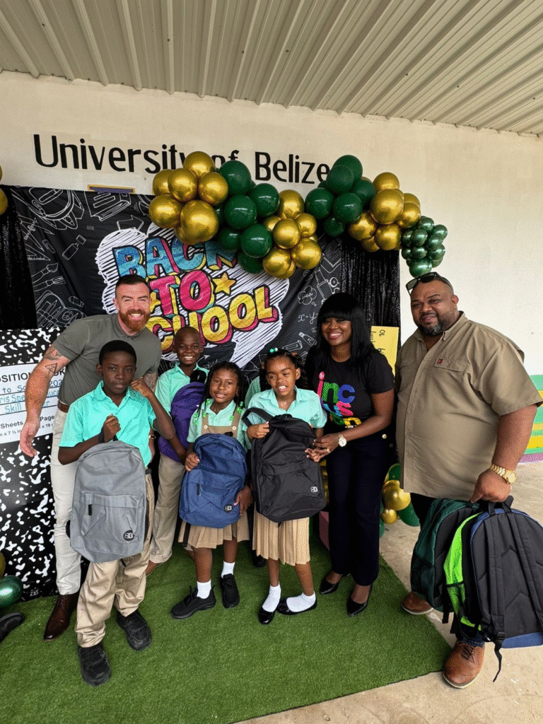 Backpacks lined up for distribution